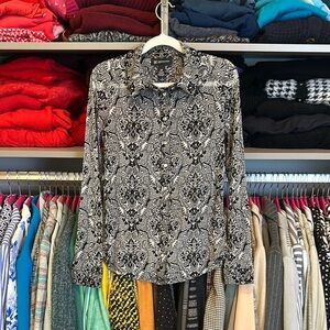 INC black/white print long sleeve jewel button down semi sheer top size MP